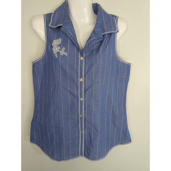 Liz Claiborne Striped Sleeveless Collared Floral Lace Patchwork Top Small - Picture 1 of 6